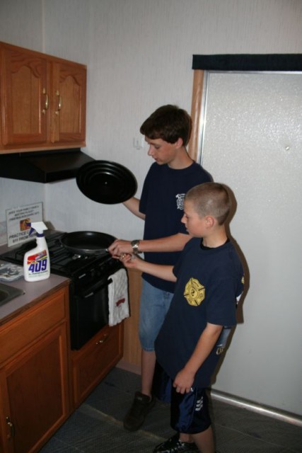 Connor and Zach checking out the Fire Safety Trailer, 2006